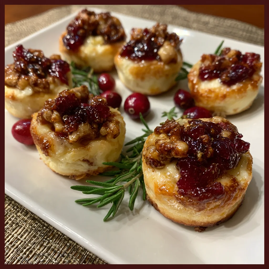 Golden Baked Cranberry Brie Bites with Honey Drizzle and Toasted Pecans