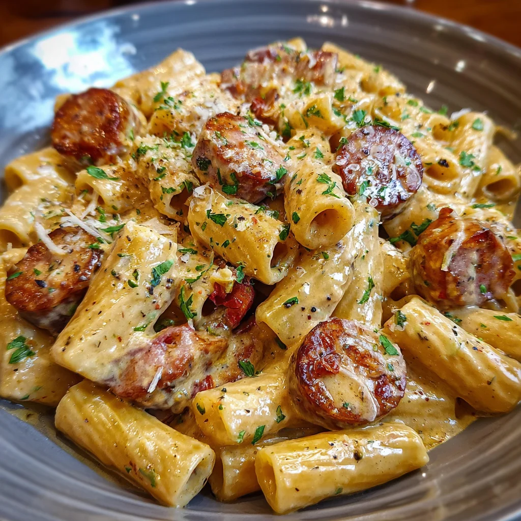 One Pot Creamy Cajun Sausage Pasta with Bell Peppers and Rich Spiced Cream Sauce
