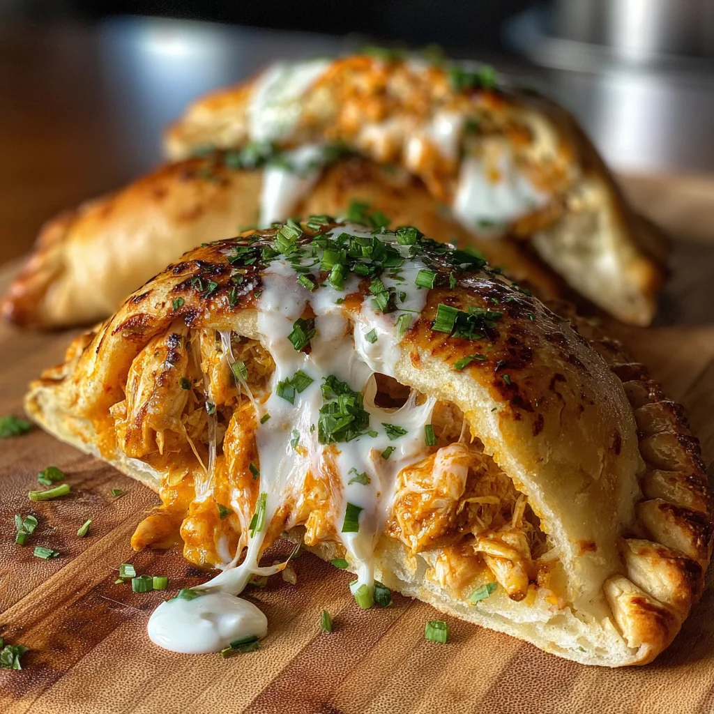 Ooey-Gooey Buffalo Chicken Pizza Pockets with Melted Mozzarella and Tangy Ranch Drizzle