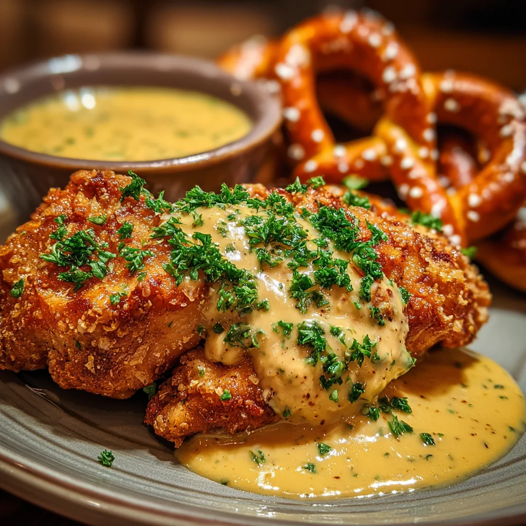 Crispy Pretzel-Crusted Chicken Breasts with Creamy Mustard-Cheddar Cheese Sauce