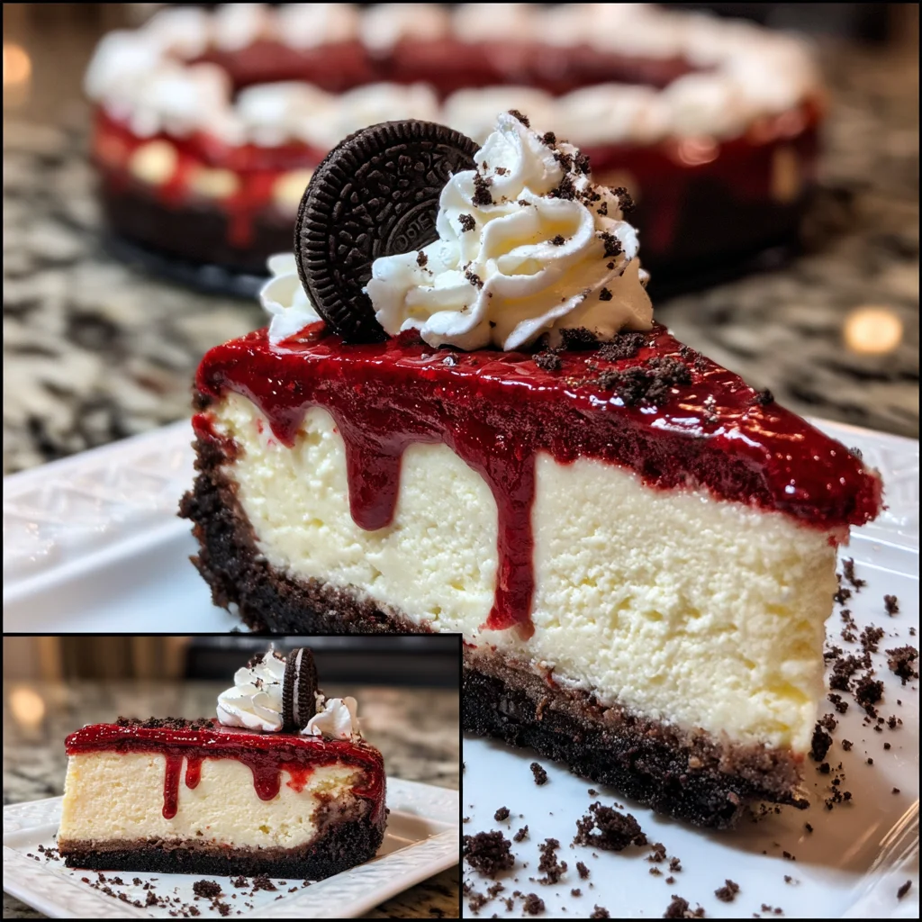 Ultimate Red Velvet Oreo Cheesecake with Cream Cheese Frosting and Chocolate Drizzle