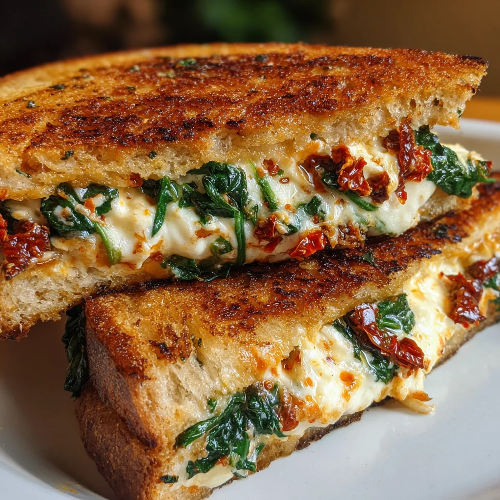 Gourmet Sun-Dried Tomato Spinach Ricotta Grilled Cheese with Fresh Herbs and Artisan Bread