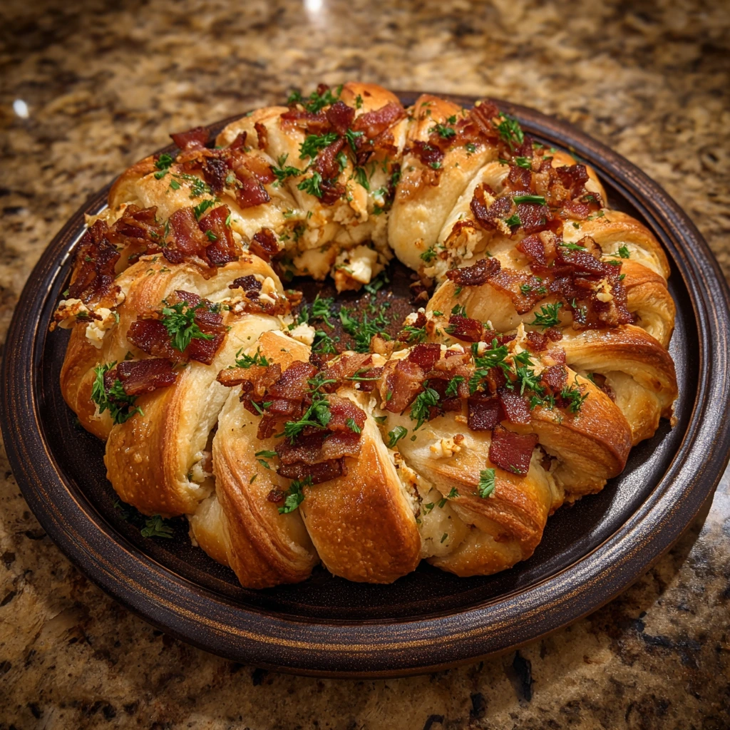 Savory Bacon Brie Crescent Wreath with Maple Glaze and Fresh Herbs