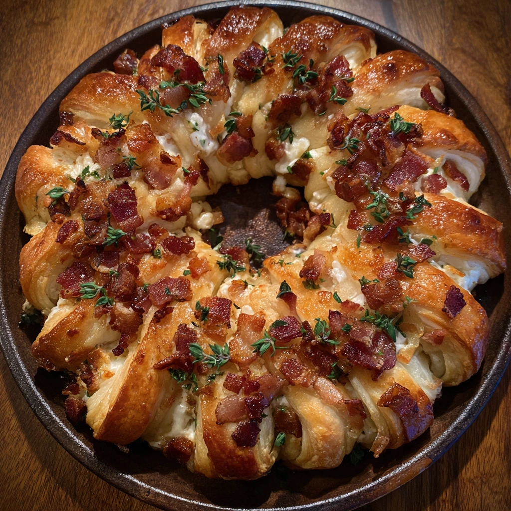 Savory Bacon Brie Crescent Wreath with Maple Glaze and Fresh Herbs