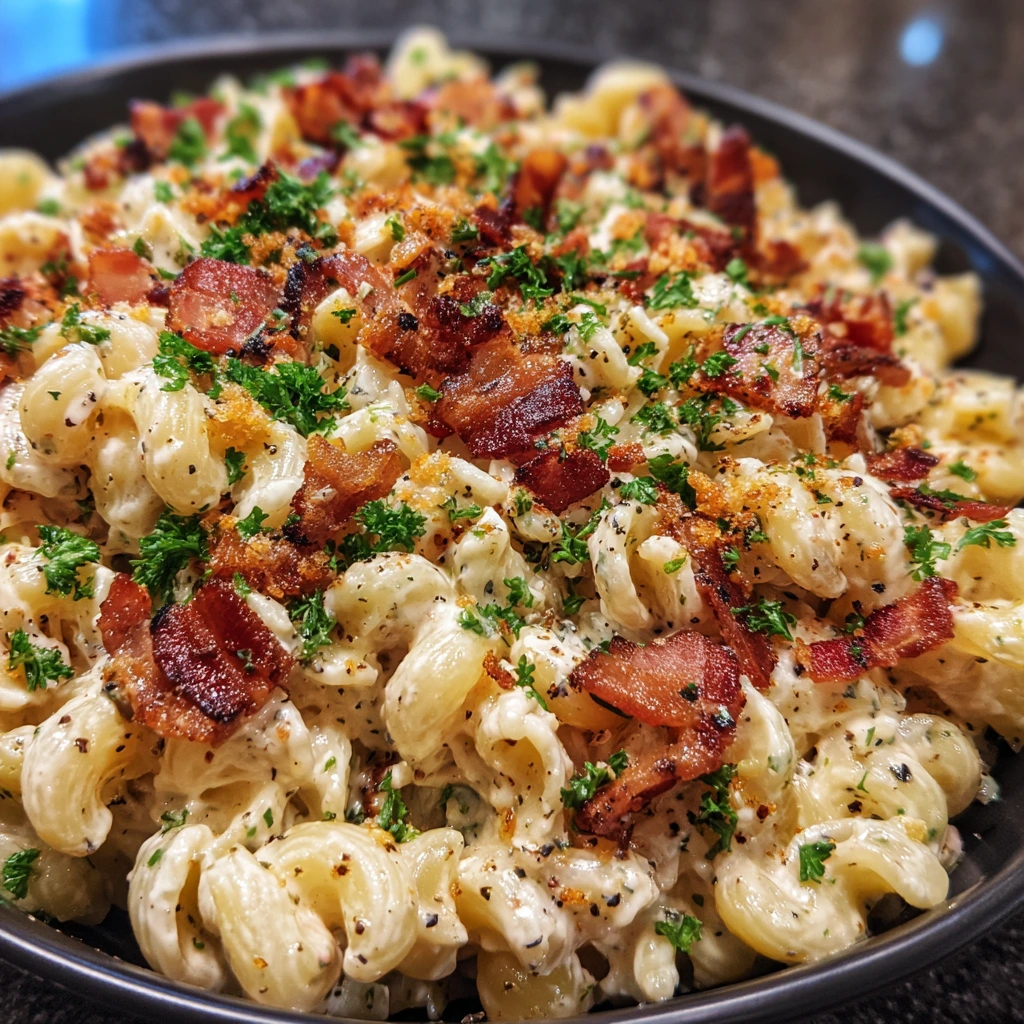 Creamy Bacon Cheddar Ranch Pasta Salad with Crispy Bacon and Fresh Herbs