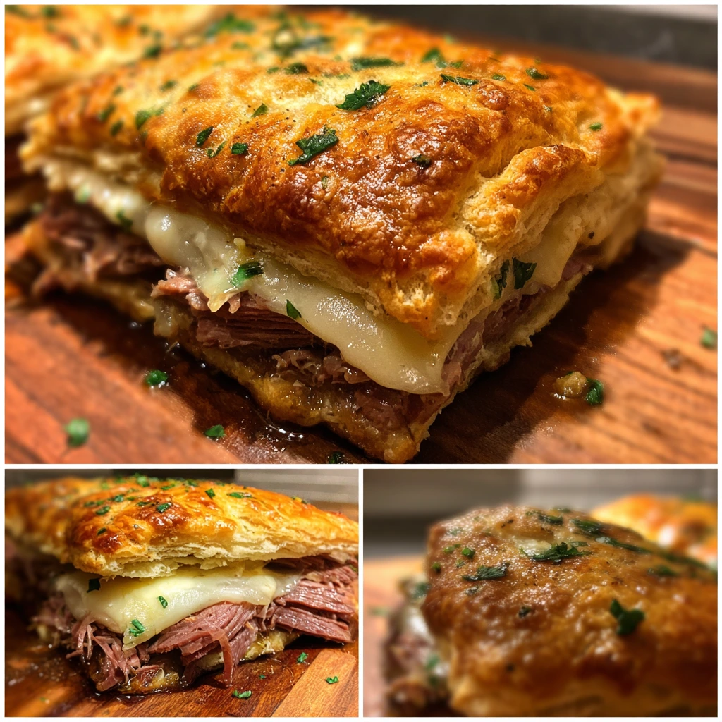 Savory Baked French Dip Biscuits with Tender Roast Beef and Gooey Cheese
