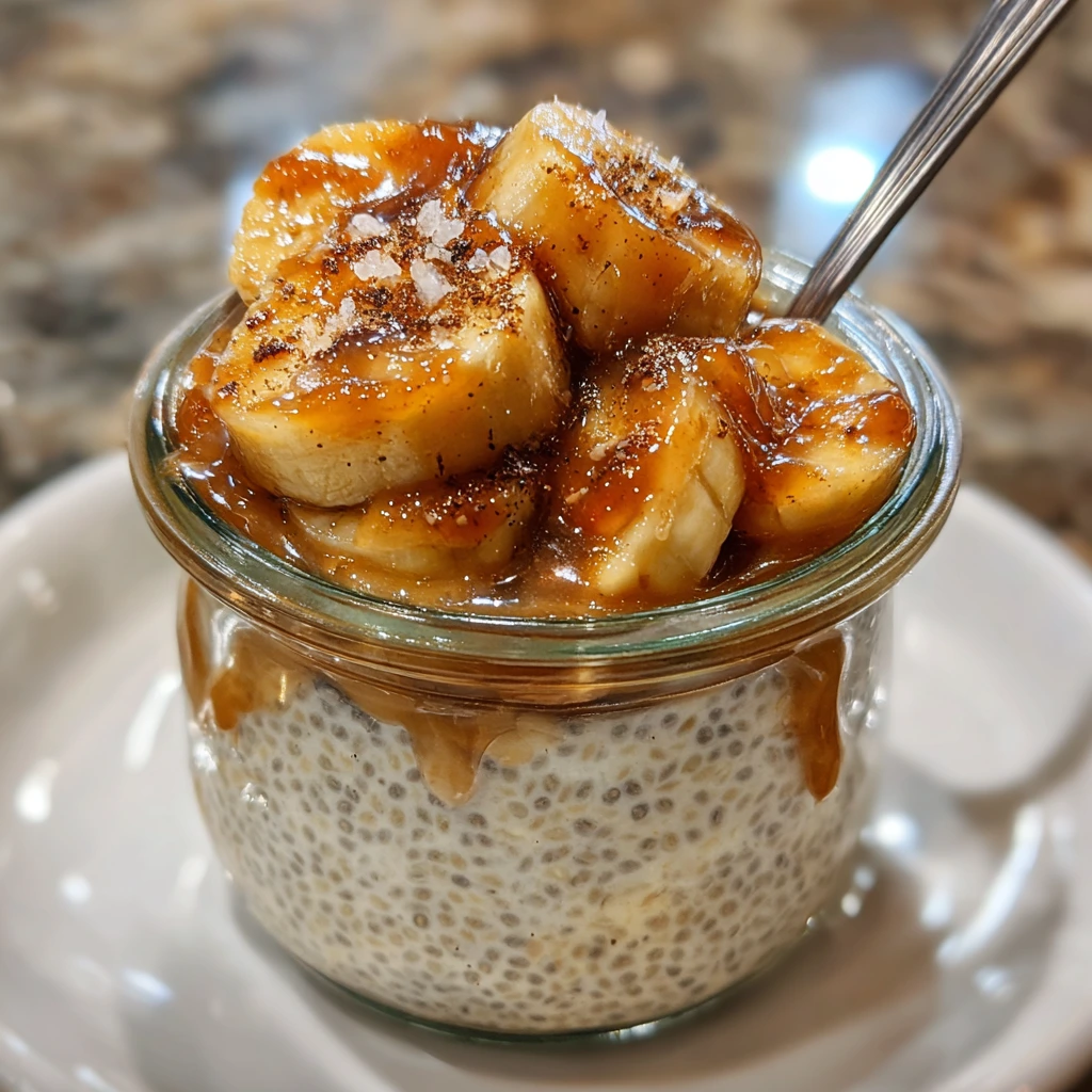 Decadent Bananas Foster Chia Pudding with Caramel Sauce and Pecans
