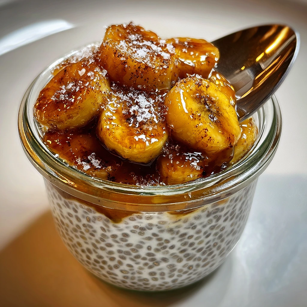 Decadent Bananas Foster Chia Pudding with Caramel Sauce and Pecans