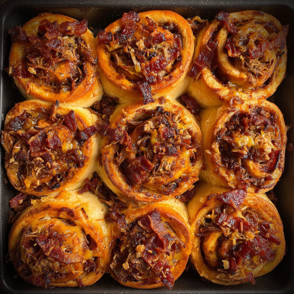 Savory BBQ Pulled Pork Cheesy Bacon Rolls with Tangy Sauce