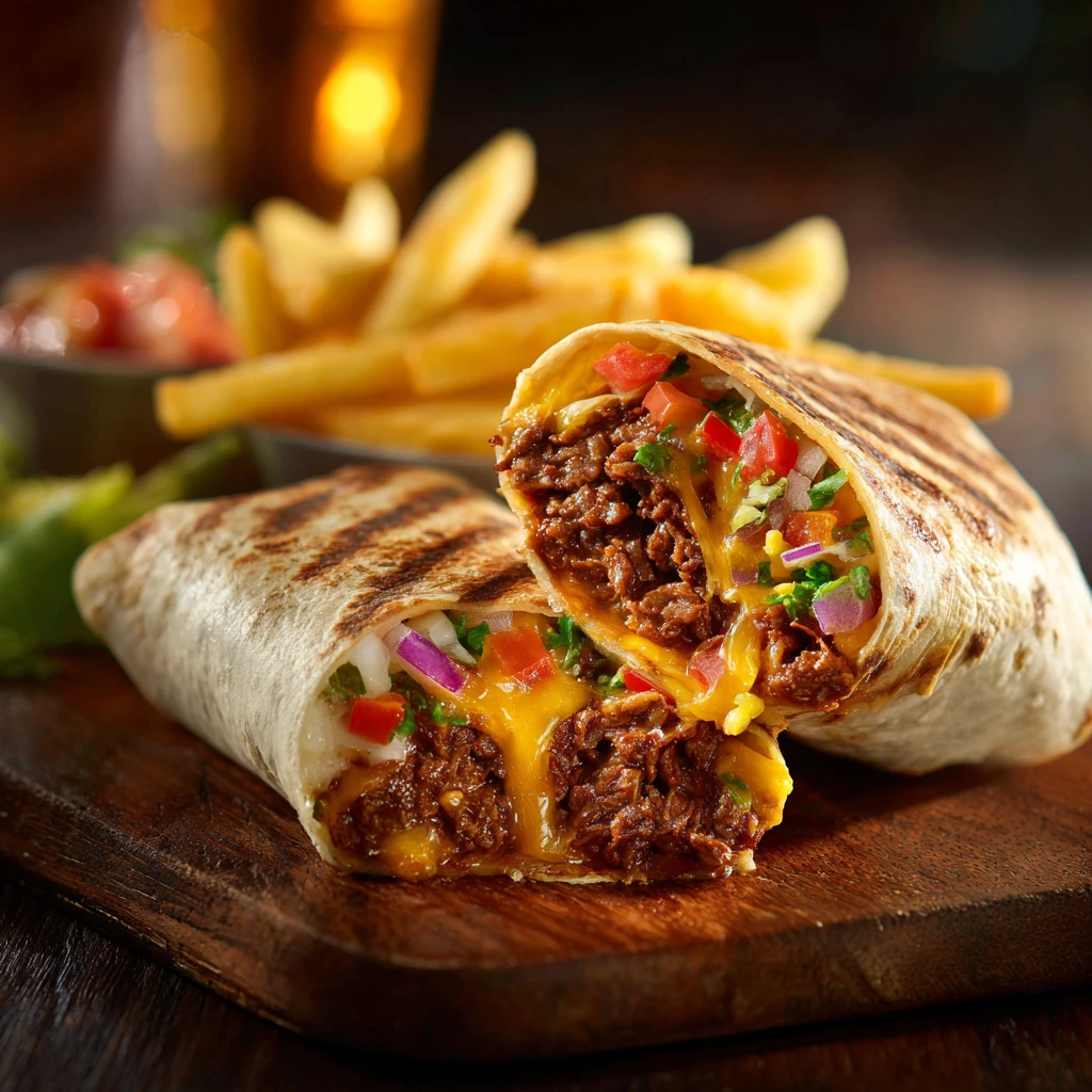 Deliciously Cheesy Beef Burritos with Crispy Fries for a Tex-Mex Feast