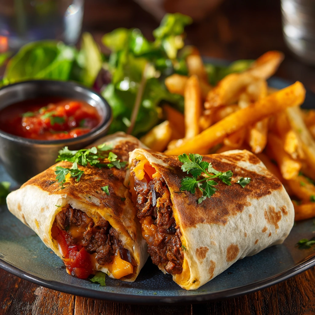 Deliciously Cheesy Beef Burritos with Crispy Fries for a Tex-Mex Feast