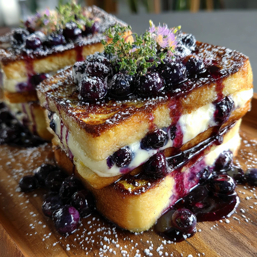 Decadent Blueberry Cheesecake Stuffed French Toast with Creamy Topping