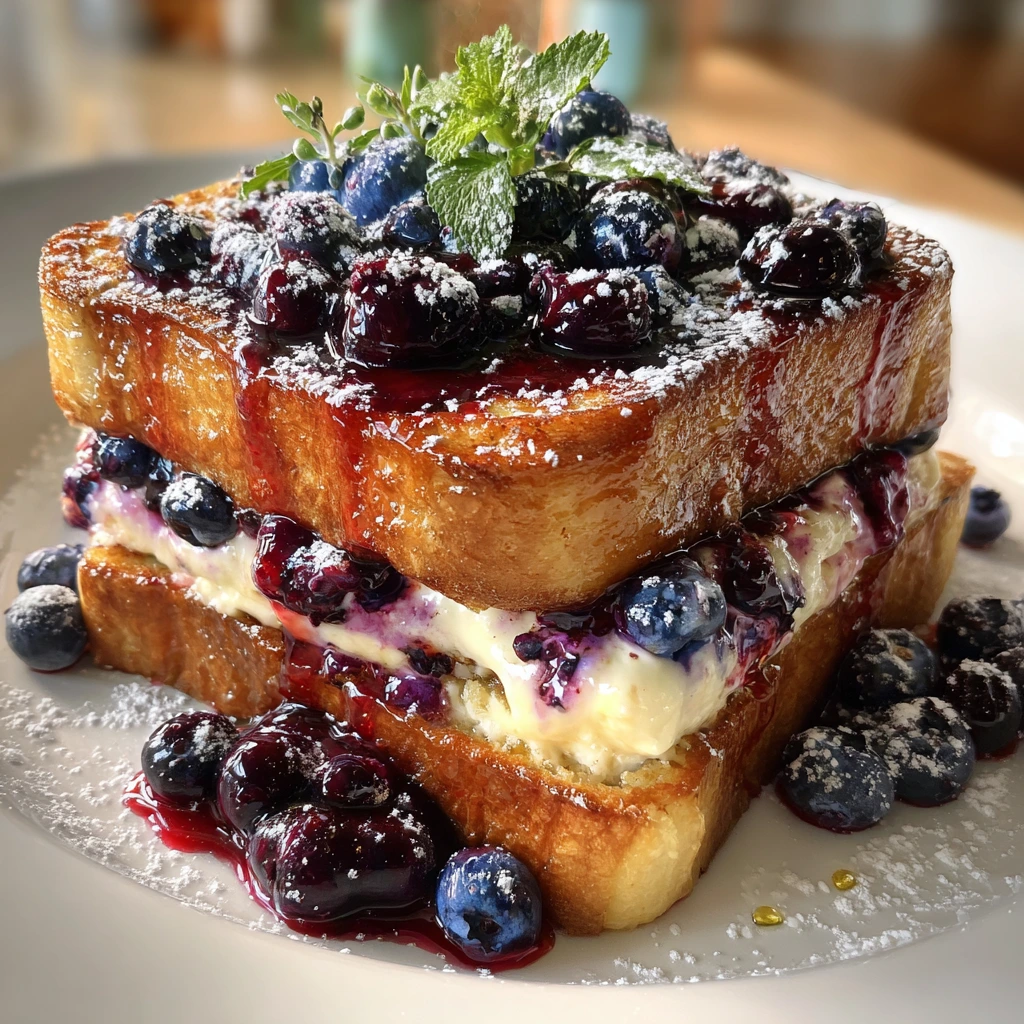 Decadent Blueberry Cheesecake Stuffed French Toast with Creamy Topping