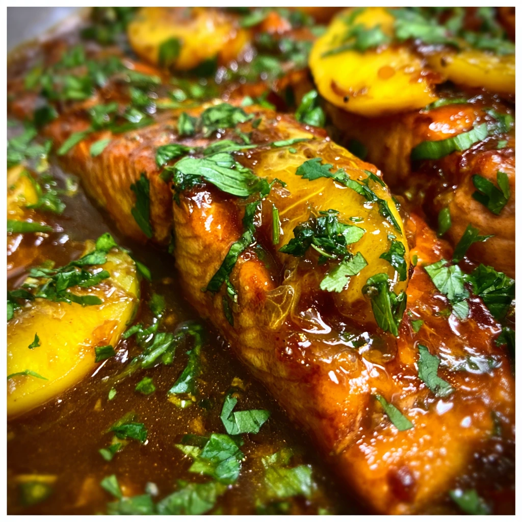 Savory Bourbon Peach Salmon with a Sweet Glaze and Fresh Herbs