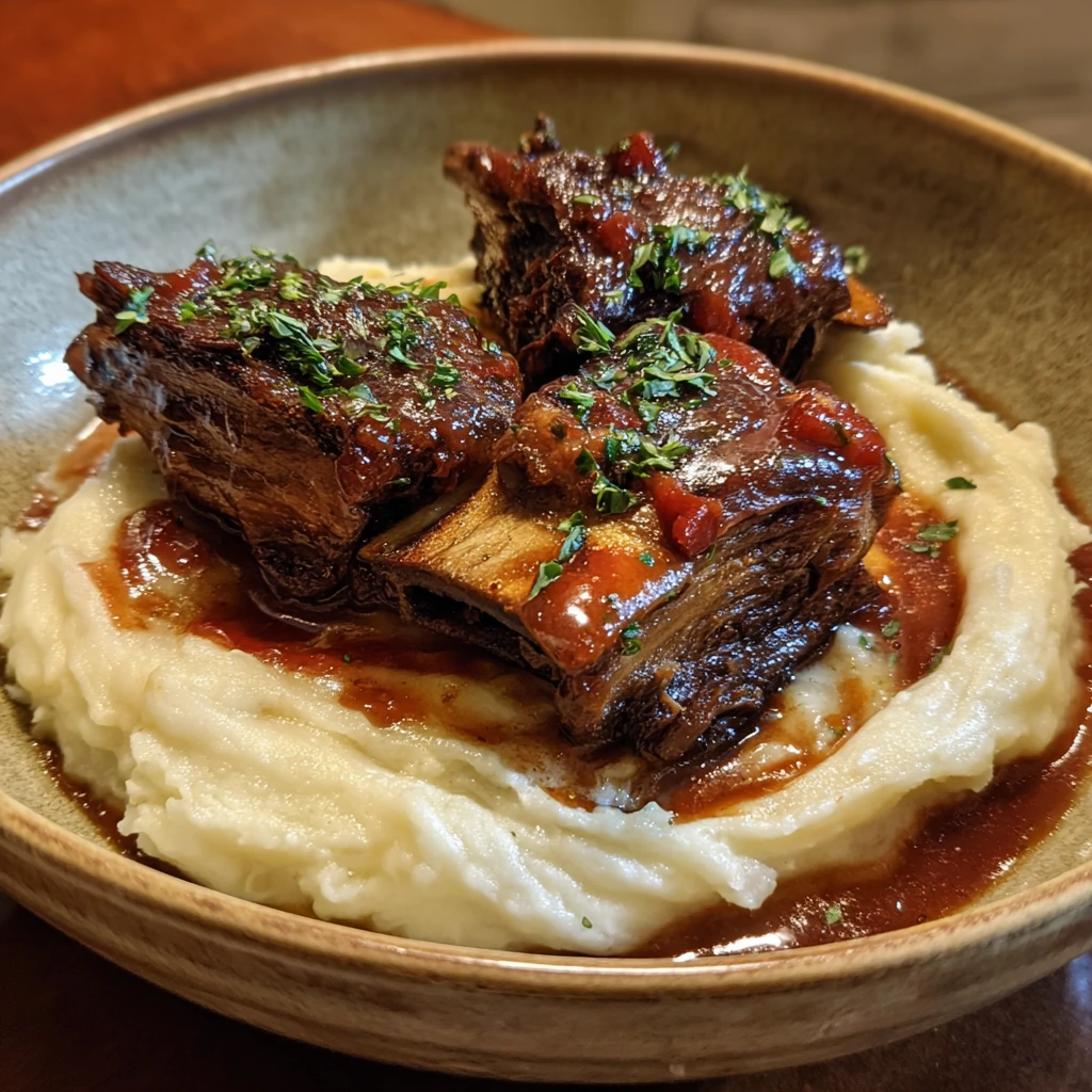 Rich and Tender Braised Short Ribs with Red Wine and Creamy Garlic Mash
