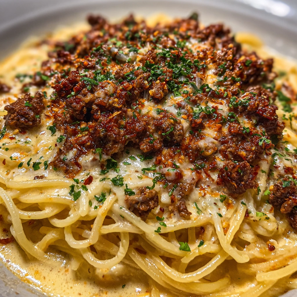 Savory Cajun Beef Spaghetti in Creamy Three-Cheese Parmesan Sauce