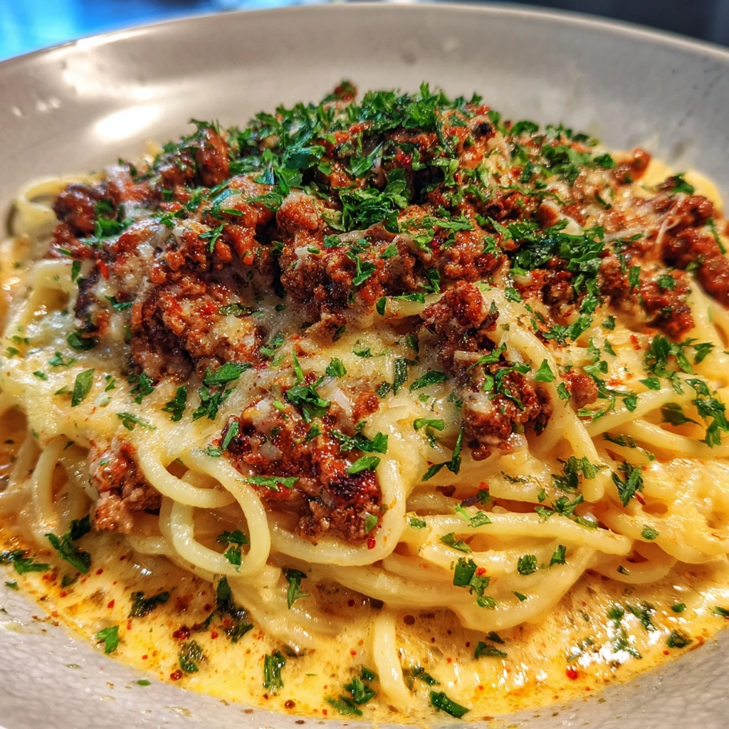 Savory Cajun Beef Spaghetti in Creamy Three-Cheese Parmesan Sauce