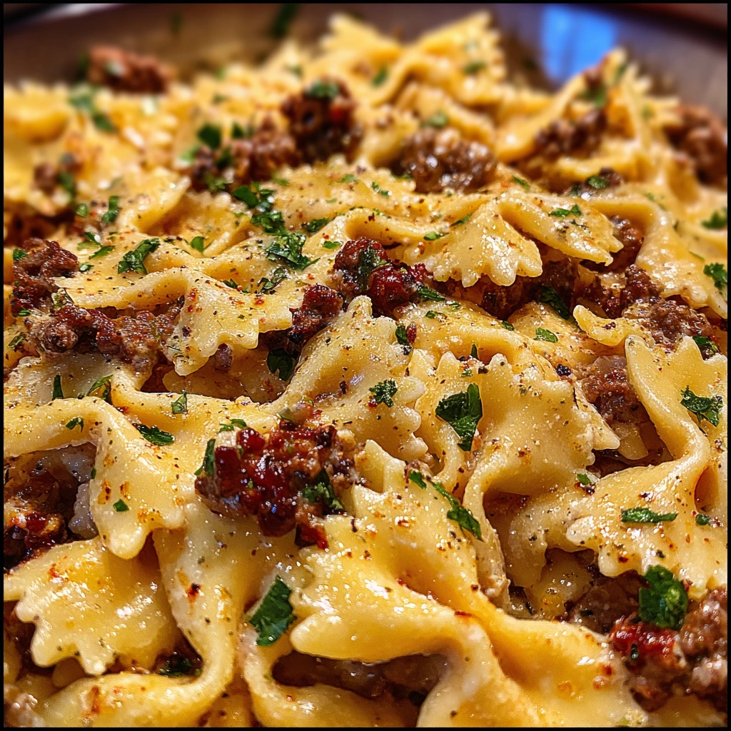 Spicy Cajun Cream Cheese Alfredo Bowties with Savory Ground Beef