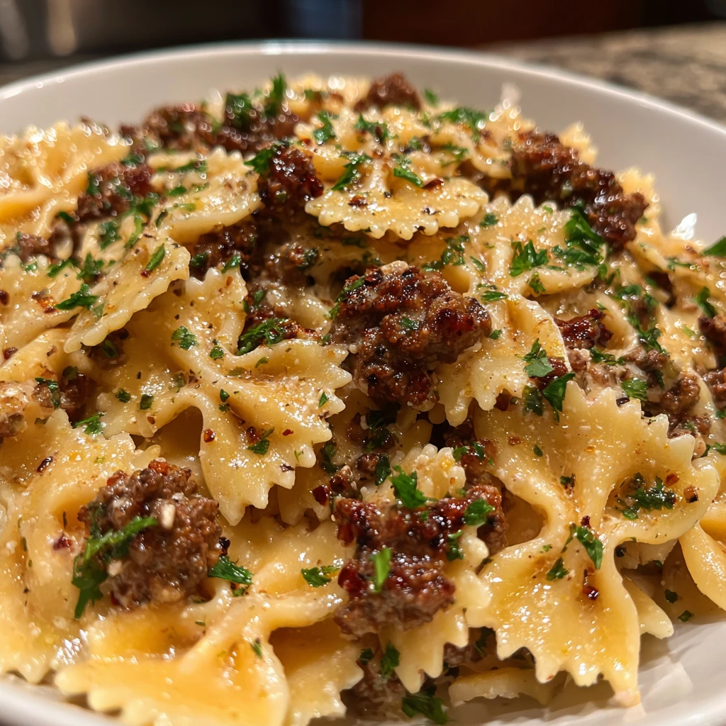 Spicy Cajun Cream Cheese Alfredo Bowties with Savory Ground Beef