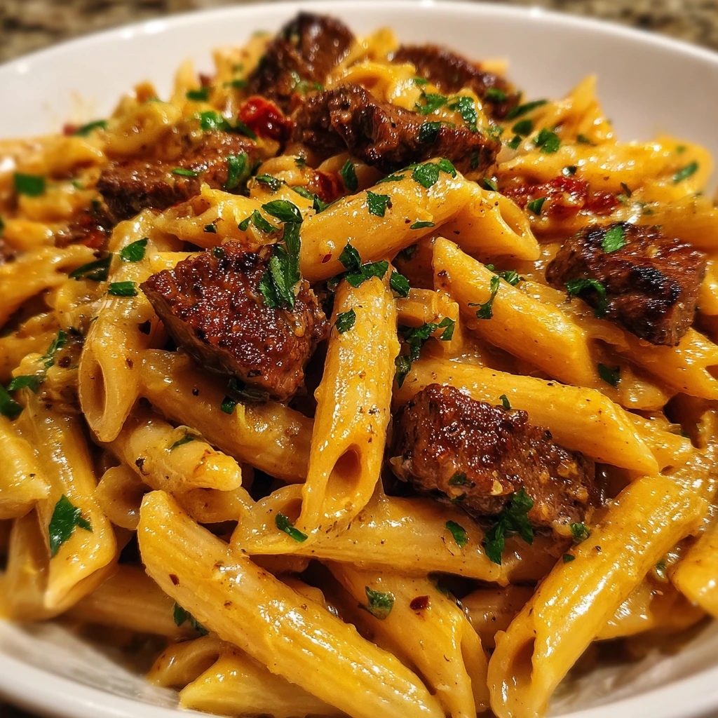 Spicy Cajun Steak Penne with Creamy Garlic Sauce and Fresh Vegetables