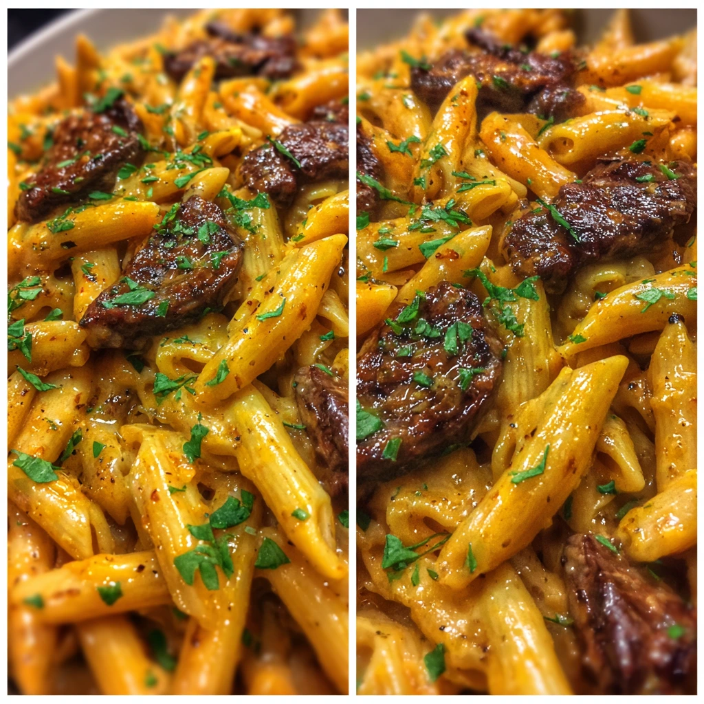 Spicy Cajun Steak Penne with Creamy Garlic Sauce and Fresh Vegetables