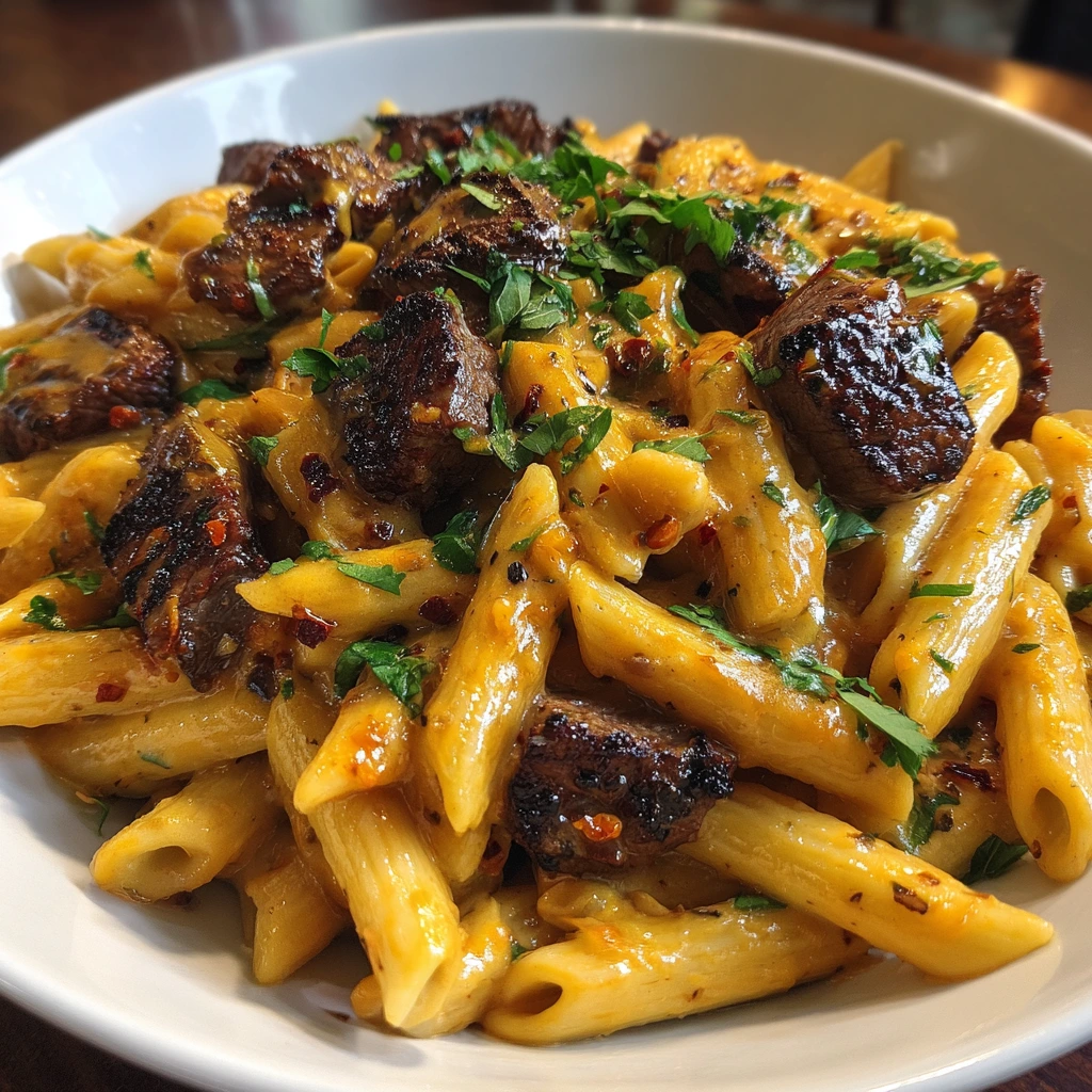 Spicy Cajun Steak Penne with Creamy Garlic Sauce and Fresh Vegetables