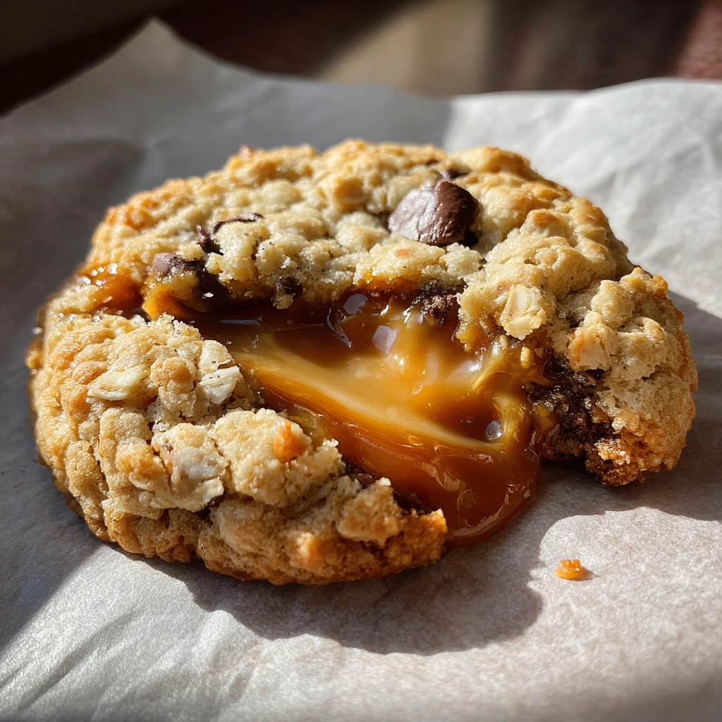 Decadent Caramel Stuffed Chocolate Chip Oatmeal Cookies with Sea Salt