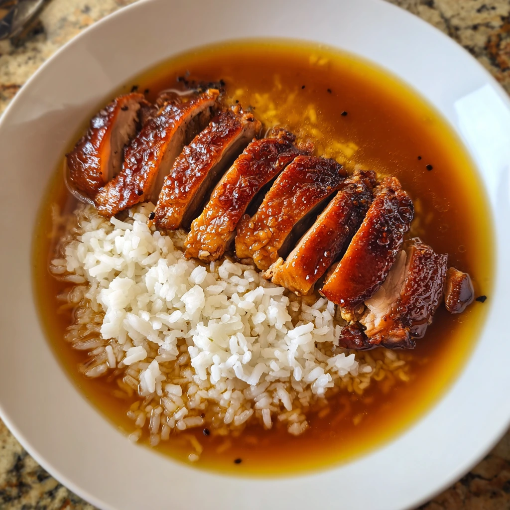 Deliciously Caramelised Soy Chicken in Garlic Ginger Broth with Fluffy Rice