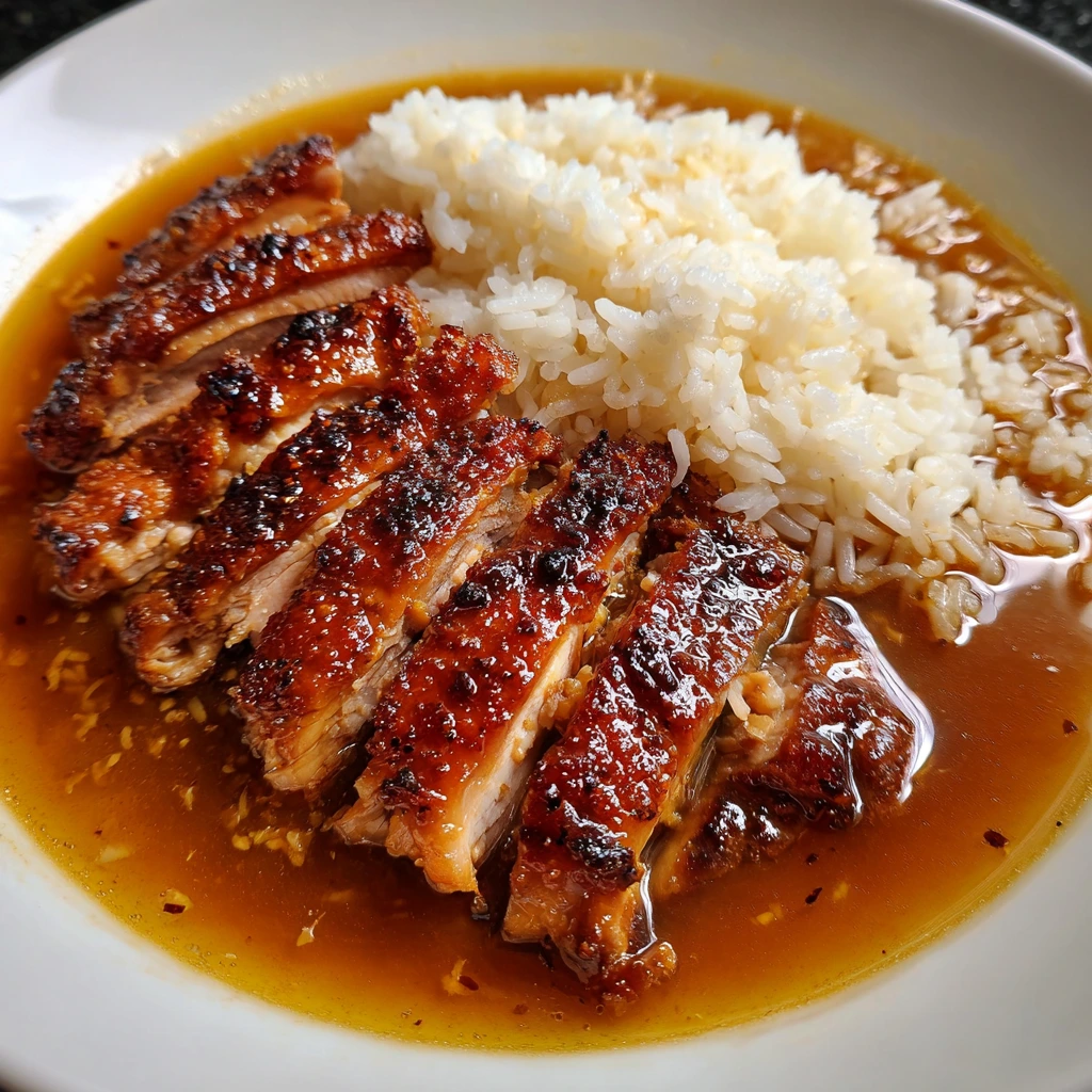 Deliciously Caramelised Soy Chicken in Garlic Ginger Broth with Fluffy Rice