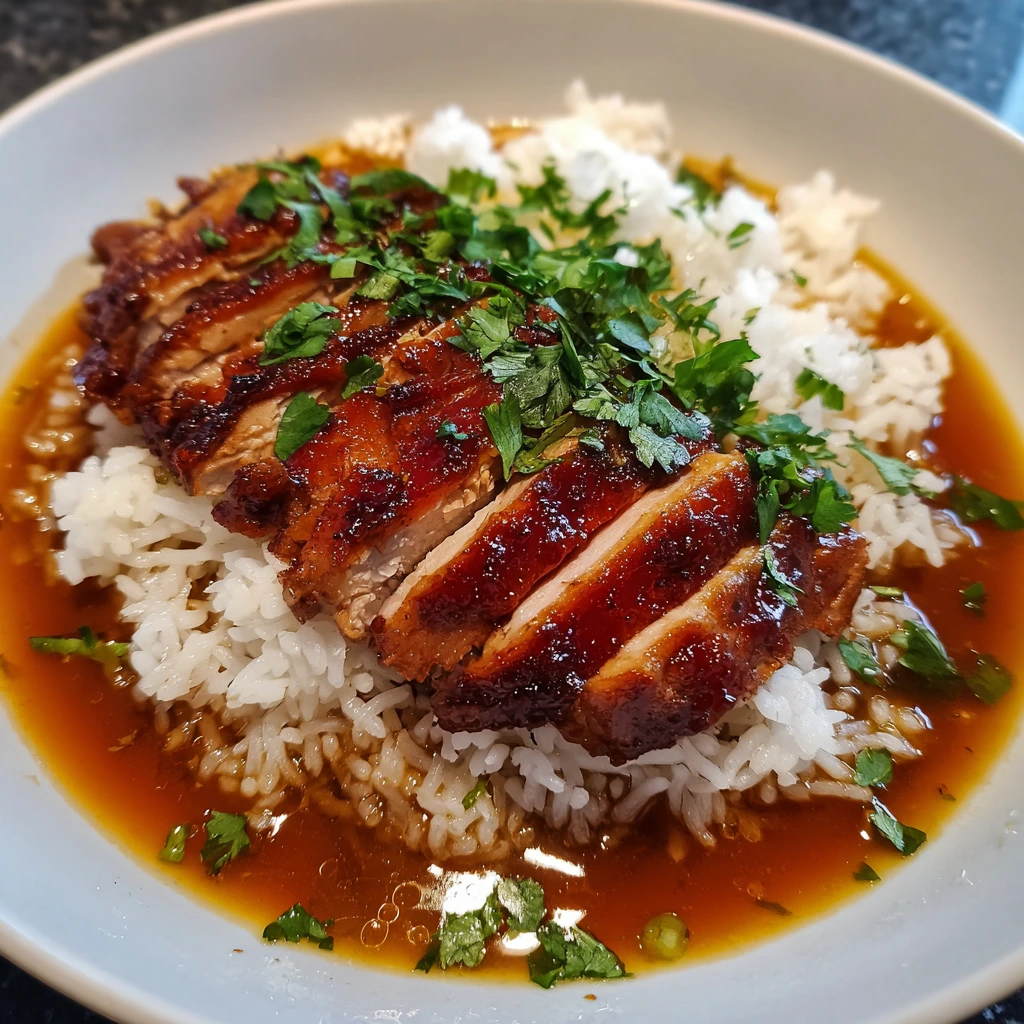 Deliciously Caramelised Soy Chicken in Garlic Ginger Broth with Fluffy Rice