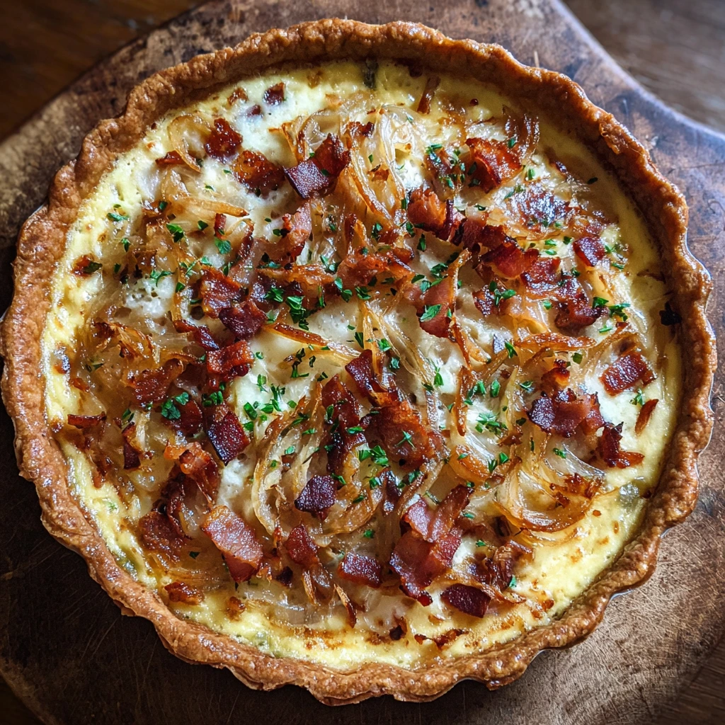 Savory Caramelized Onion and Bacon Quiche with Cheesy Delight