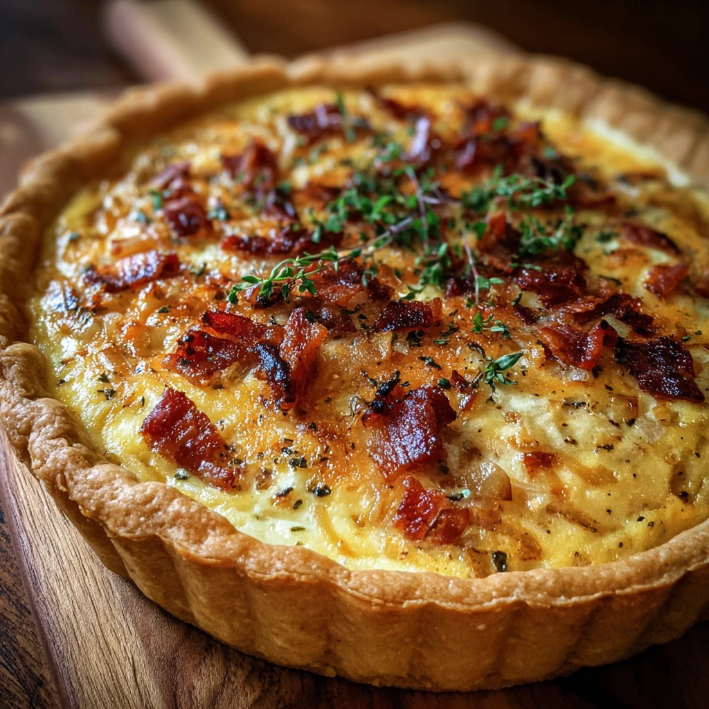 Savory Caramelized Onion and Bacon Quiche with Cheesy Delight