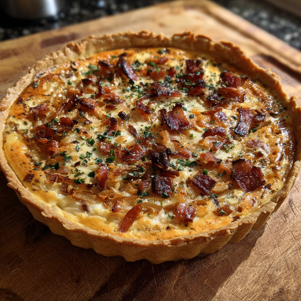 Savory Caramelized Onion and Bacon Quiche with Cheesy Delight