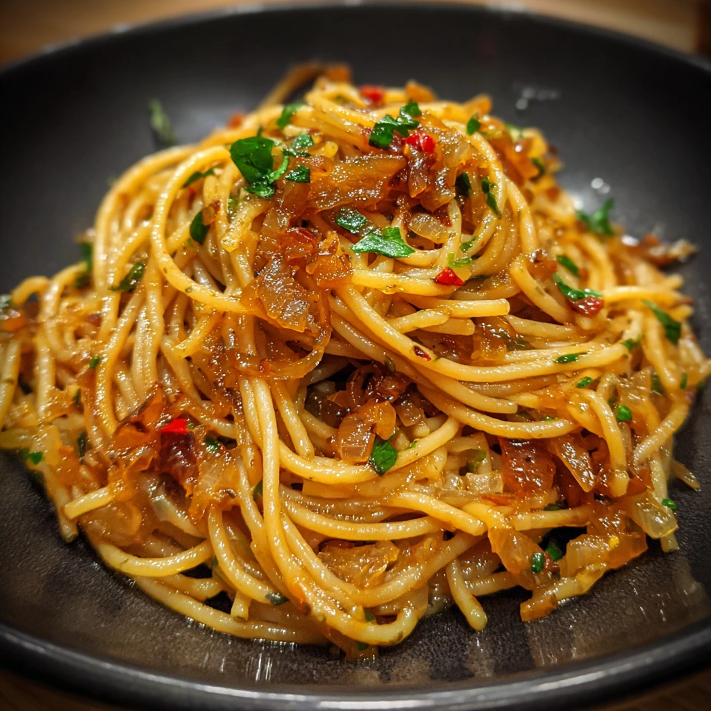 Savory Caramelized Onion Pasta with Spicy Chilli Oil Drizzle