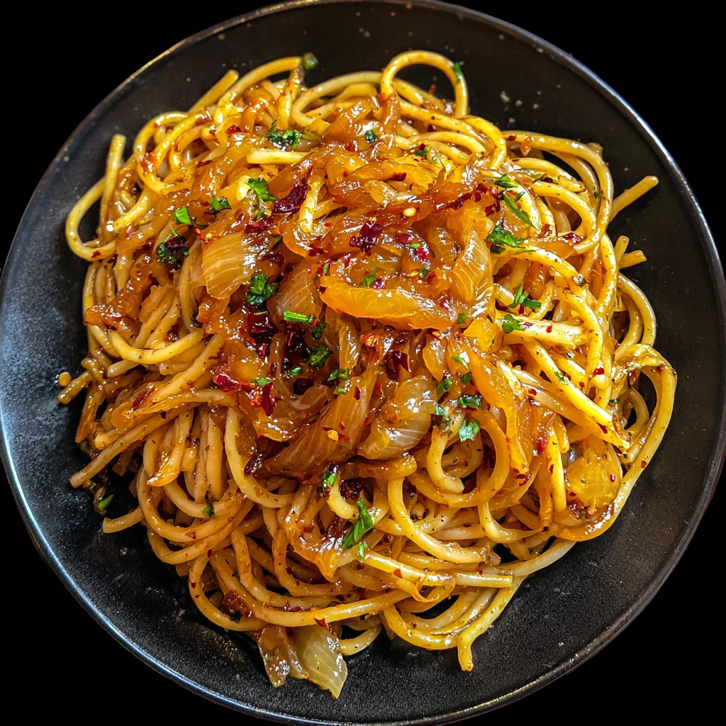 Savory Caramelized Onion Pasta with Spicy Chilli Oil Drizzle