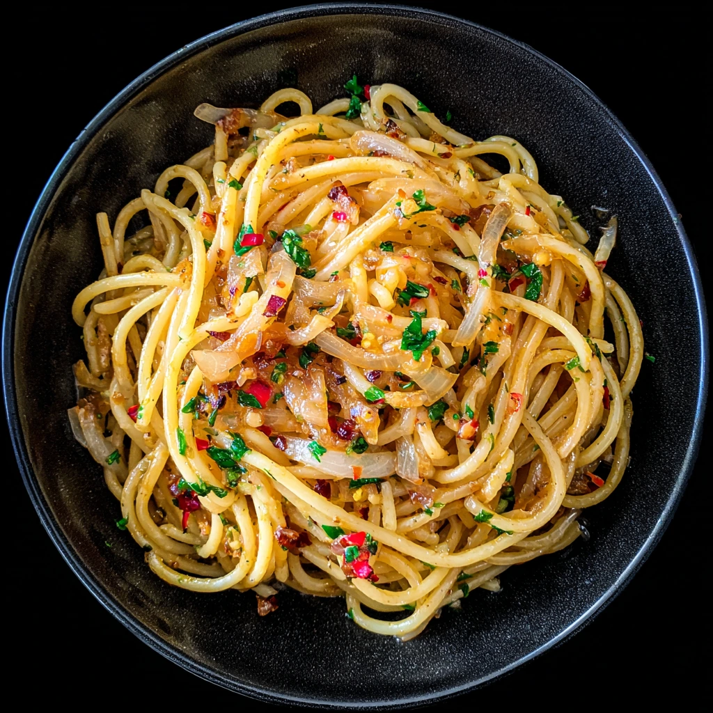 Savory Caramelized Onion Pasta with Spicy Chilli Oil Drizzle