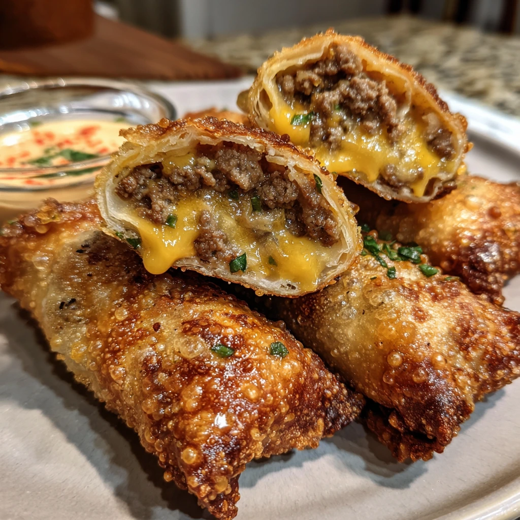 Crispy Cheeseburger Eggrolls with Savory Filling and Tangy Dipping Sauce