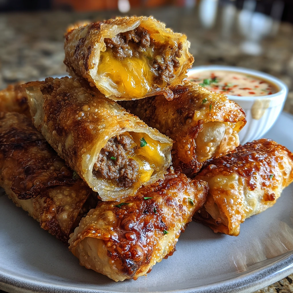 Crispy Cheeseburger Eggrolls with Savory Filling and Tangy Dipping Sauce