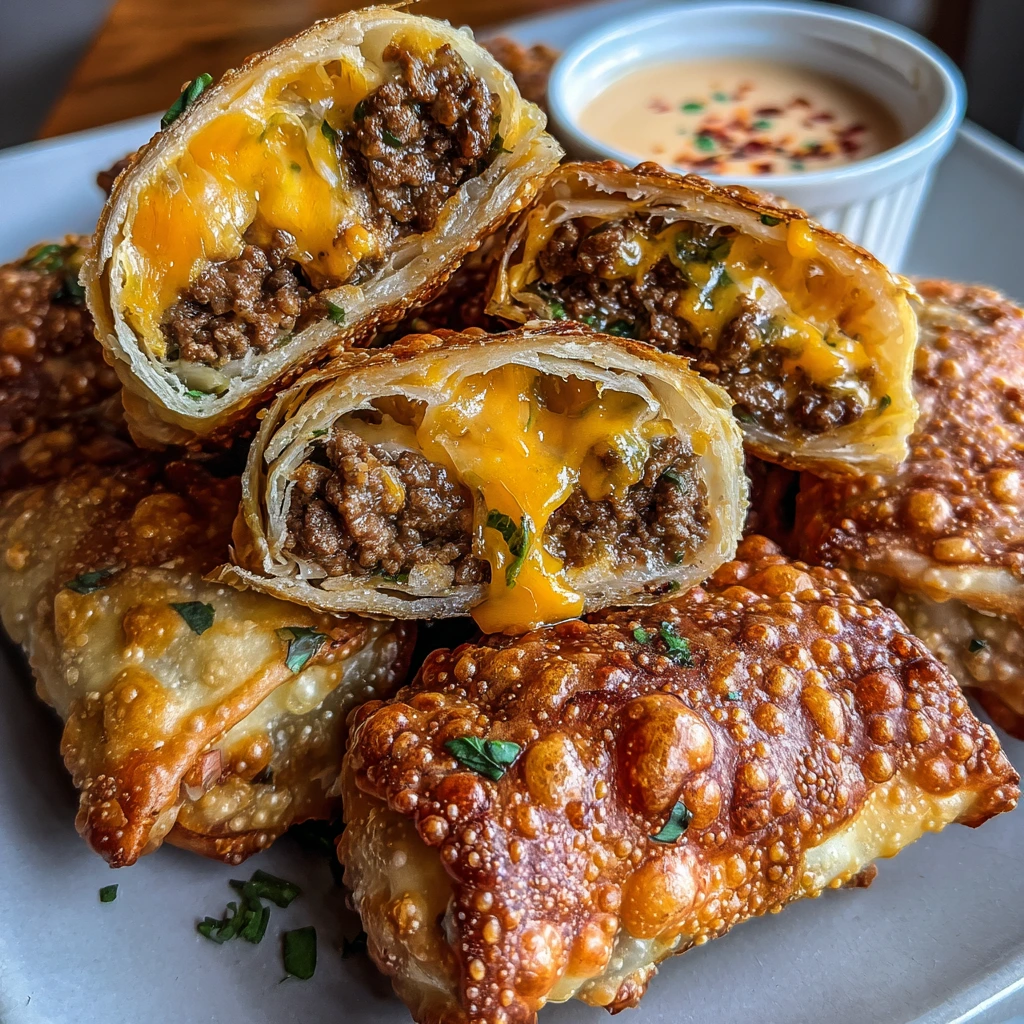 Crispy Cheeseburger Eggrolls with Savory Filling and Tangy Dipping Sauce