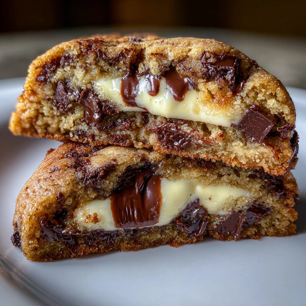 Decadent Cheesecake Stuffed Chocolate Chip Cookies with Creamy Vanilla Filling