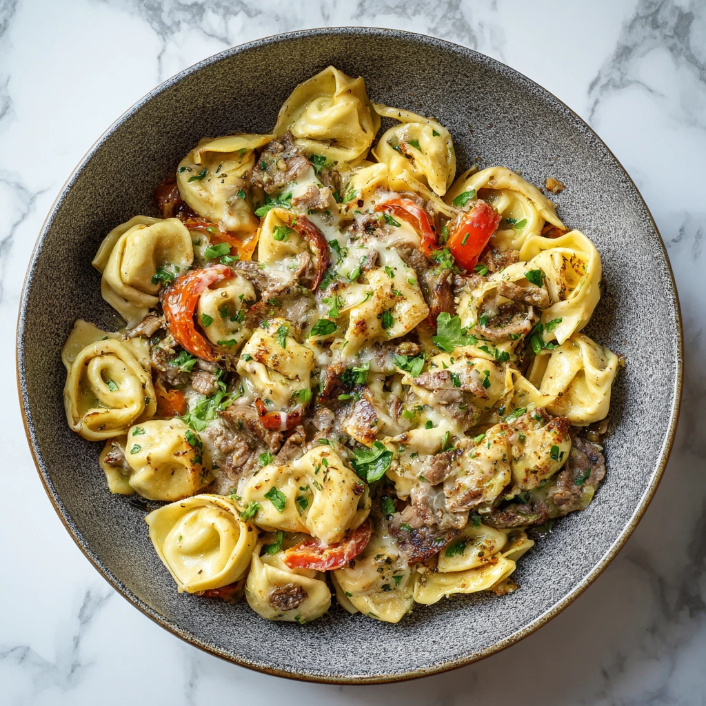 Savory Cheesesteak Tortellini Pasta with Bell Peppers and Onions