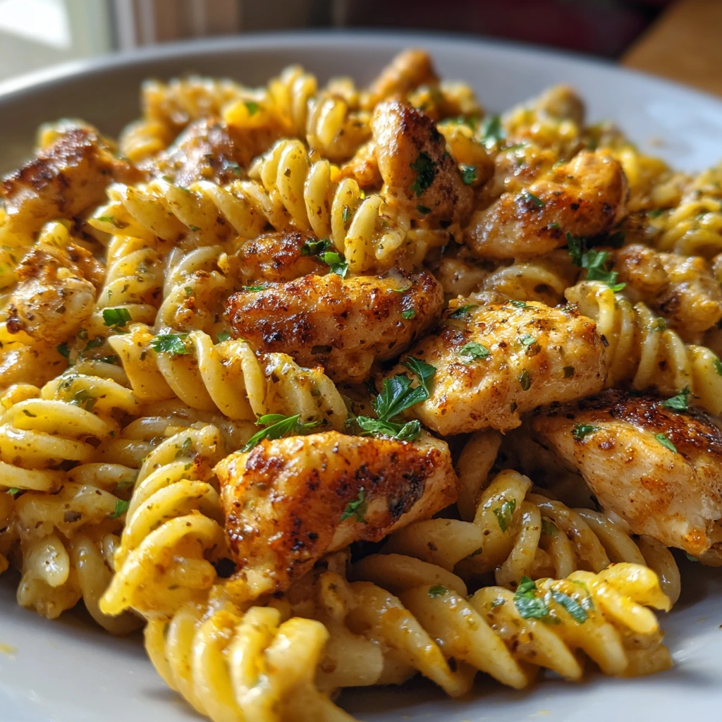 Creamy Cheesy Cajun Chicken Rotini Skillet with Spicy Flavors and Textures