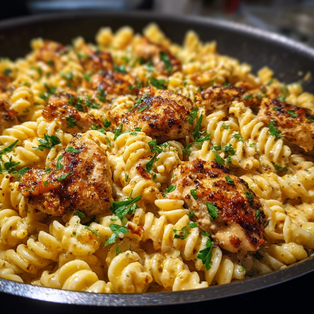 Creamy Cheesy Cajun Chicken Rotini Skillet with Spicy Flavors and Textures