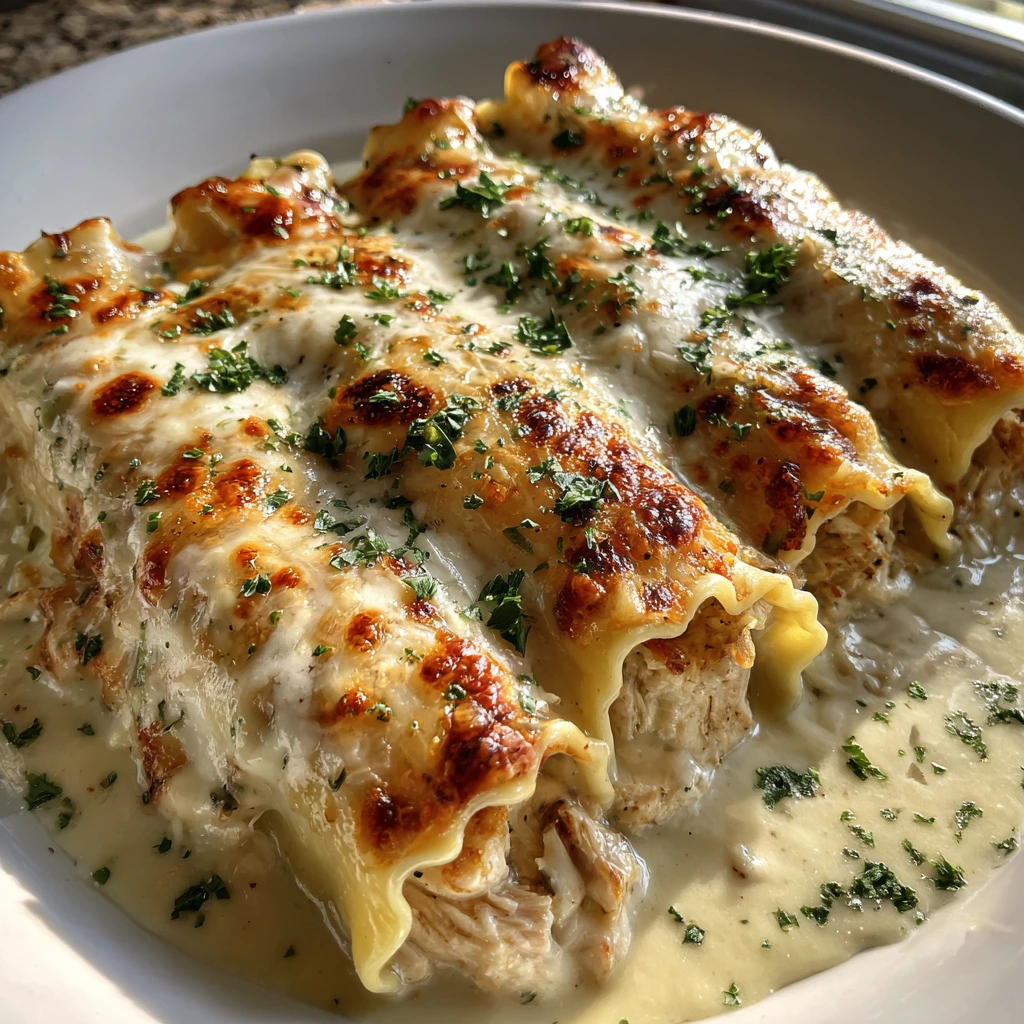 Creamy Cheesy Chicken Alfredo Lasagna Rolls with Spinach and Garlic