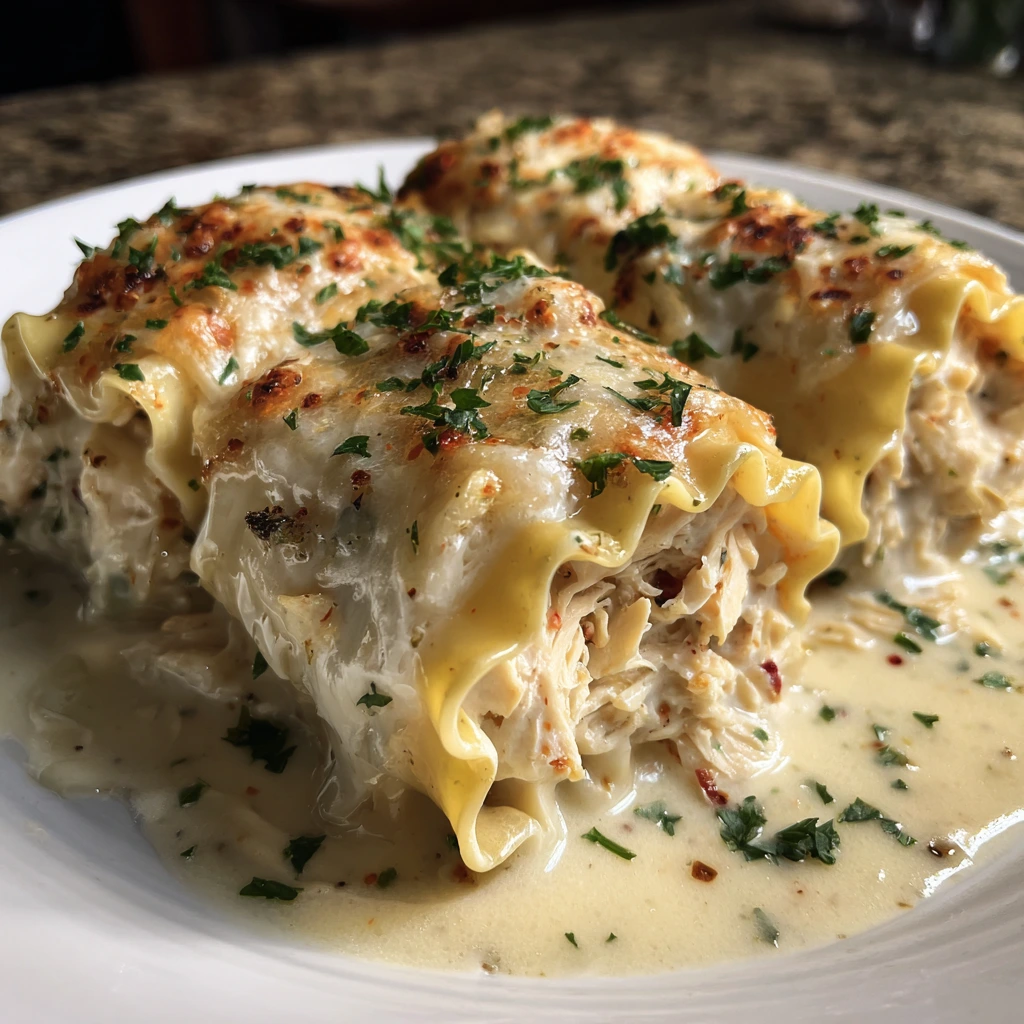 Creamy Cheesy Chicken Alfredo Lasagna Rolls with Spinach and Garlic