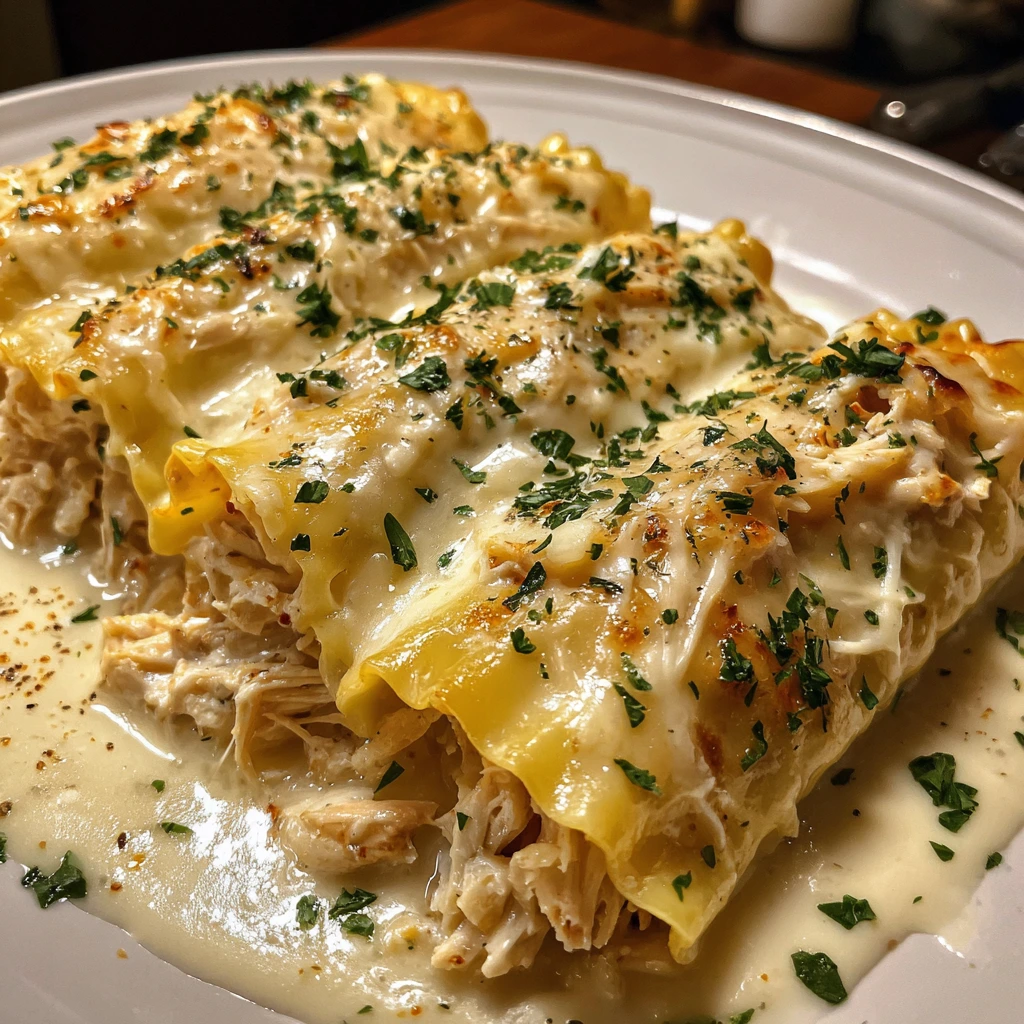 Creamy Cheesy Chicken Alfredo Lasagna Rolls with Spinach and Garlic