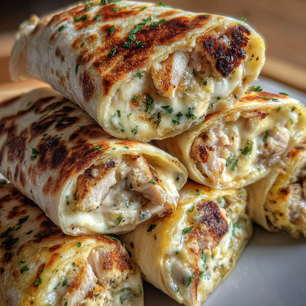 Delicious Cheesy Garlic Chicken Wraps with Fresh Veggies and Creamy Sauce