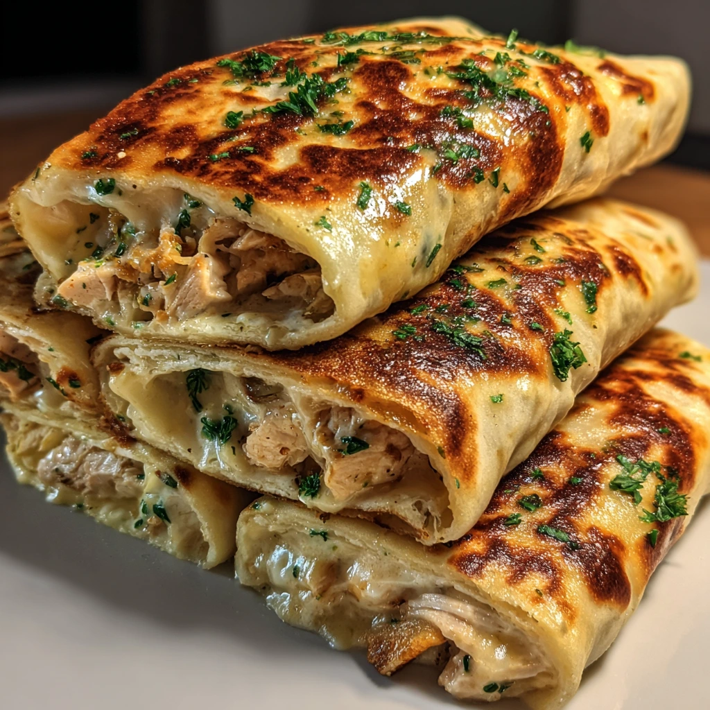 Delicious Cheesy Garlic Chicken Wraps with Fresh Veggies and Creamy Sauce