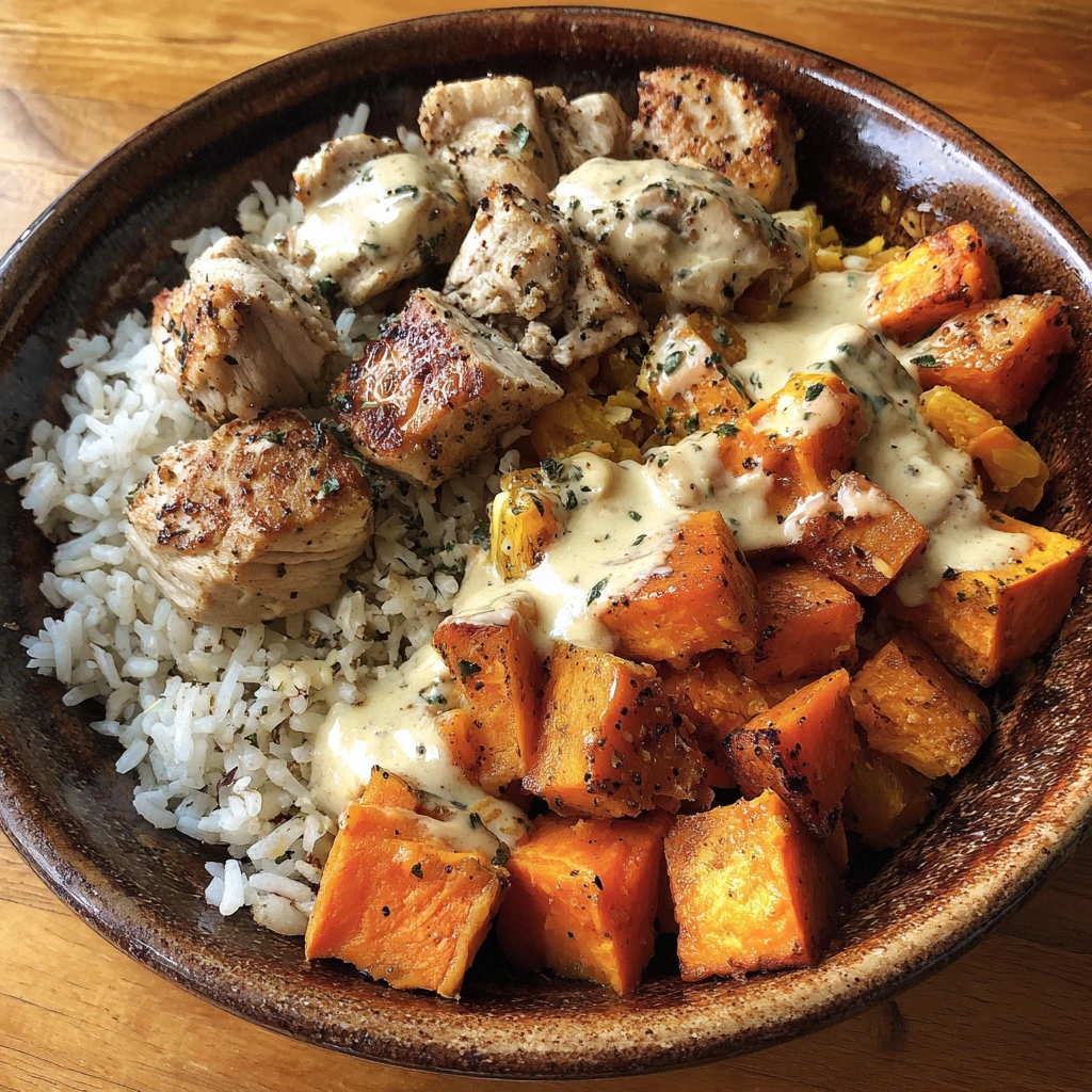 Deliciously Spiced Chicken and Sweet Potato Bowls with Creamy Avocado Dressing