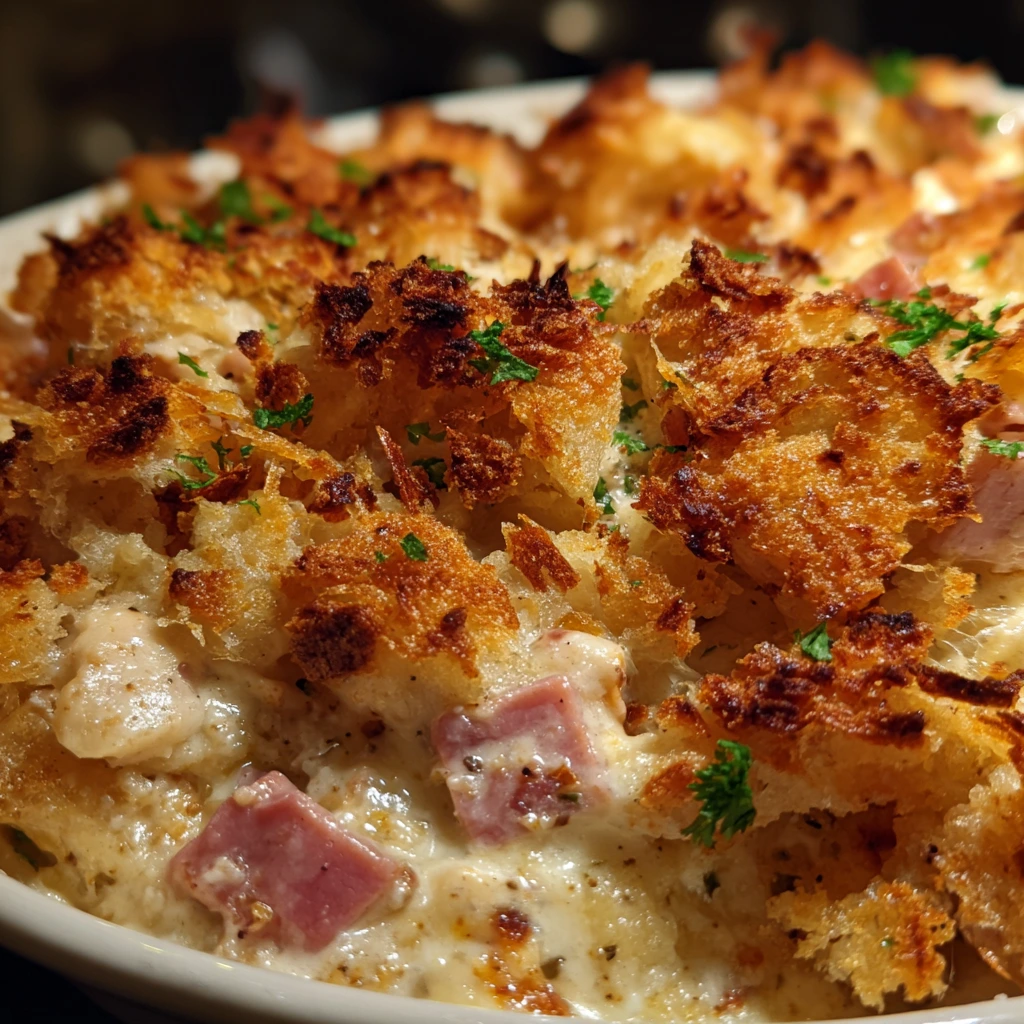 Deliciously Creamy Chicken Cordon Bleu Casserole with Ham and Swiss Cheese